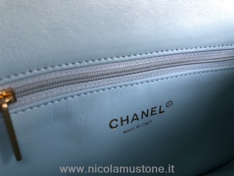 Qualità Originale Borsa Chanel Mini Patta 20cm As3113 Pelle Di Agnello Hardware Oro Collezione Primavera/estate 2022 Azzurro