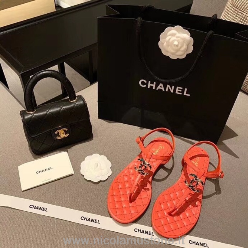 Qualità Originale Chanel Jeweled Cc Logo Sandali Infradito Pelle Di Vitello Pelle Primavera/estate 2020 Collezione Act 1 Rosso