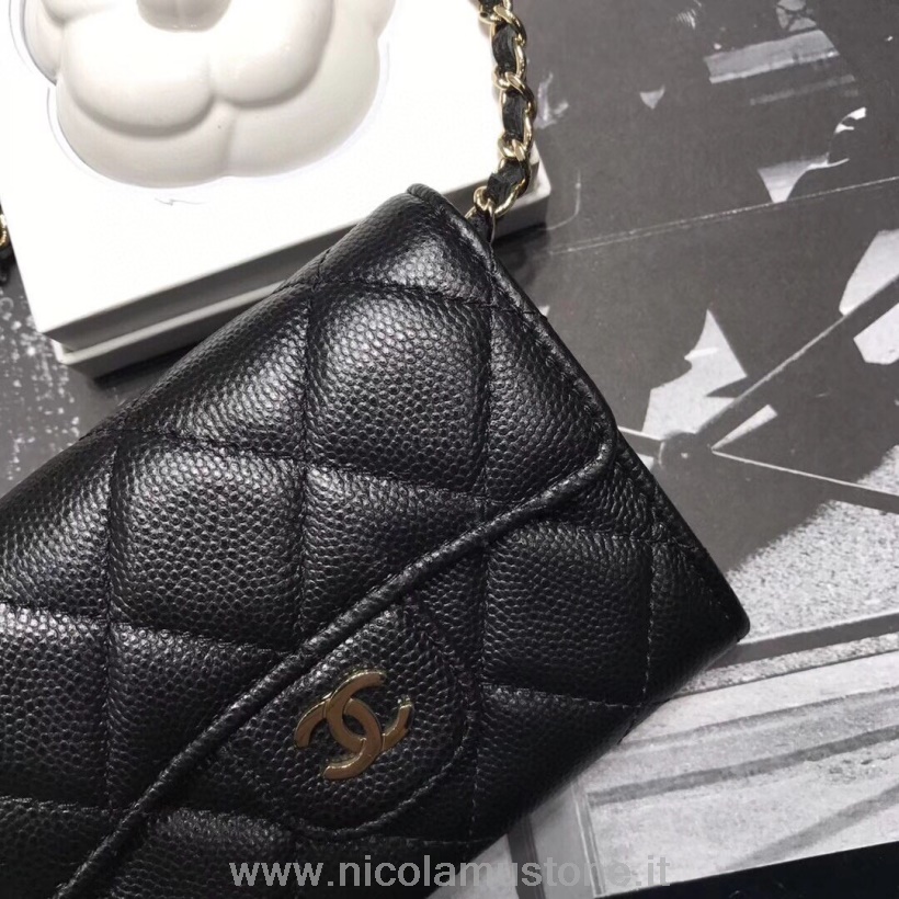 Portafoglio Multi Card Compatto Chanel Di Qualità Originale Con Catena 12cm Pelle Caviale Hardware Oro Collezione Autunno/inverno 2020 Nero