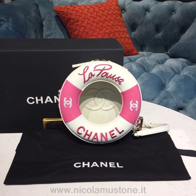 Qualità Originale Chanel Coco Lifesaver Borsa Rotonda 18cm Pelle Di Vitello Pelle Cruise 2019 Collezione Rosa/bianco