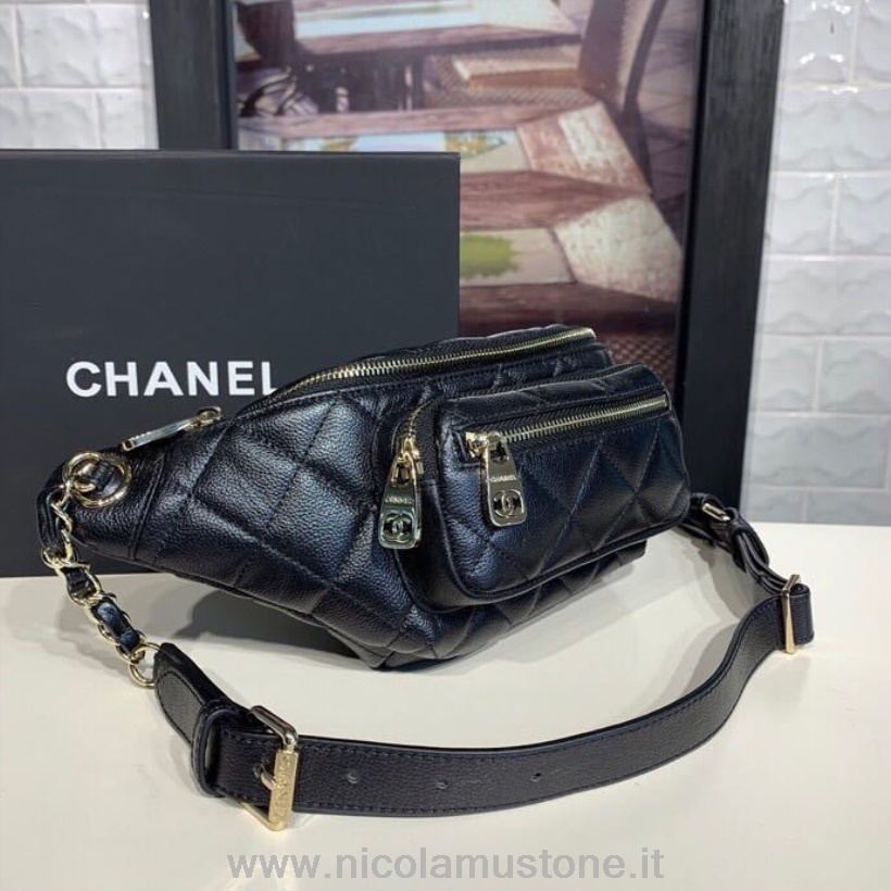 Marsupio Chanel Di Qualità Originale 15 Cm Pelle Di Vitello Grana Iridescente Hardware Oro Primavera/estate 2019 Collezione Act 2 Nero