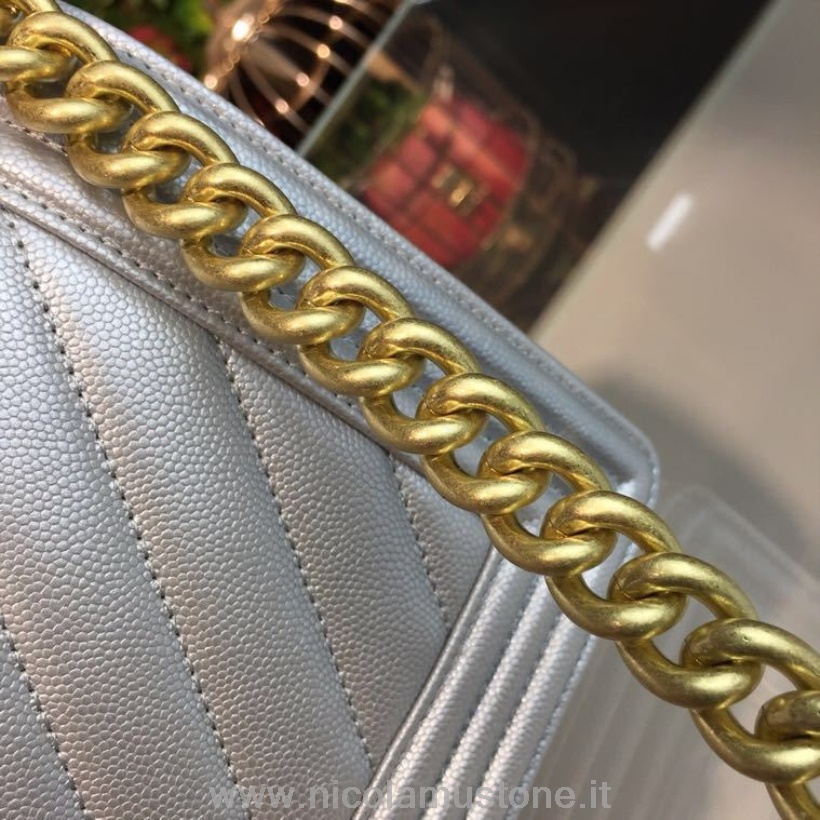 Qualità Originale Chanel Chevron Boy Bag 25cm Pelle Caviale Hardware Oro Primavera/estate 2018 Collezione Act 1 Argento