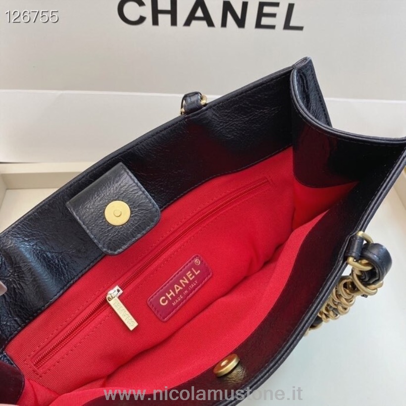 Qualità Originale Chanel Shopping Tote Bag Verticale 32 Cm Pelle Di Vitello Invecchiata Hardware Oro Collezione Autunno/inverno 2020 Nero