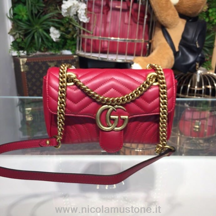 Qualità Originale Gucci Marmont Matelasse Borsa A Spalla 22cm 443497 Pelle Di Vitello Collezione Primavera/estate 2018 Rosso Ibisco