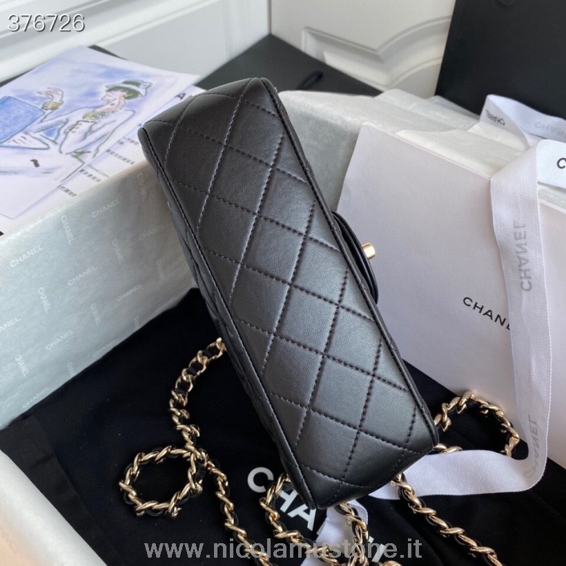 Qualità Originale Chanel Charm Mini Patta Borsa 20cm As2326 Pelle Di Agnello Hardware Oro Collezione Primavera/estate 2021 Nero