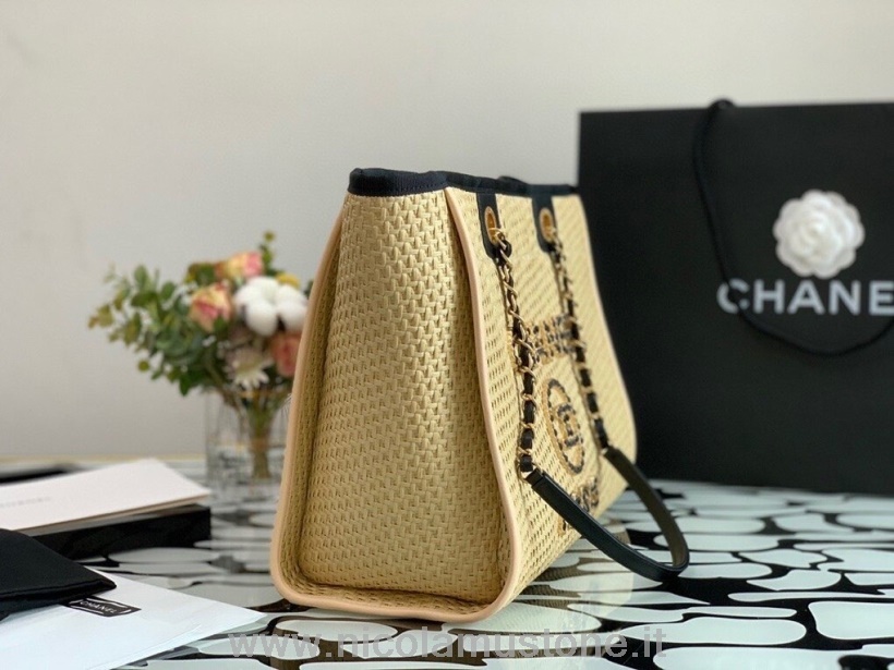 Qualità Originale Chanel Deauville Tote Bag 33 Cm Rafia Tela Collezione Primavera/estate 2021 Beige/nero