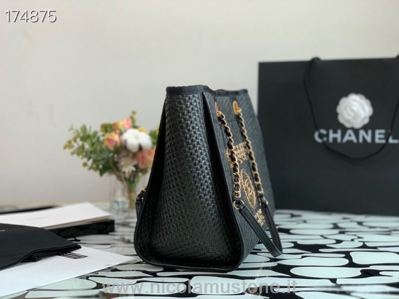 Qualità Originale Chanel Deauville Tote Bag 33cm Rafia Tela Collezione Primavera/estate 2021 Nero