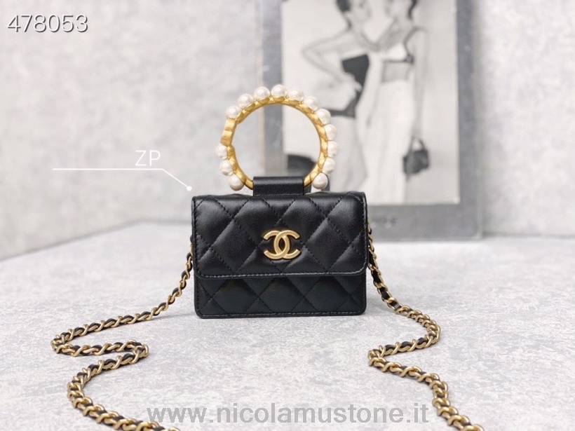 Qualità Originale Chanel Miniatura Perla Ricamata Maniglia Patta Borsa 12 Cm Pelle Di Agnello Hardware Oro Collezione Primavera/estate 2021 Nero