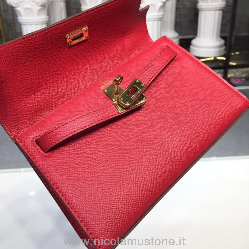 Qualità Originale Hermes Mini Kelly Kp Pochette 22 Cm Pelle Di Vitello Epsom Hardware Oro Cucito A Mano Rosso