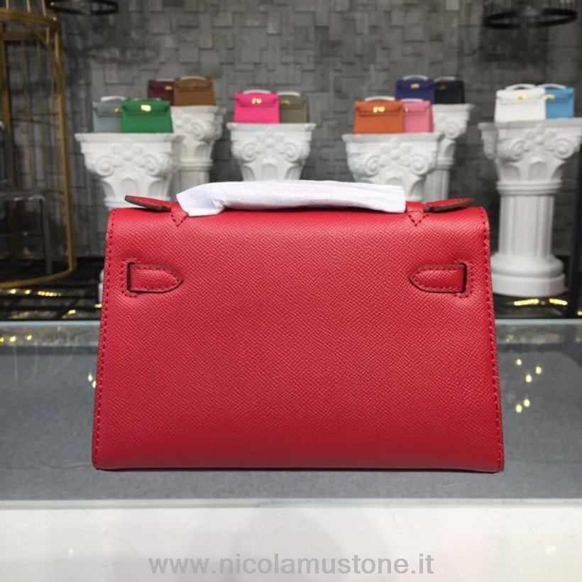 Qualità Originale Hermes Mini Kelly Kp Pochette 22 Cm Pelle Di Vitello Epsom Hardware Oro Cucito A Mano Rosso