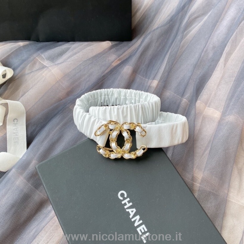 Qualità Originale Chanel Woven Cc Logo Cintura In Vita Hardware Oro Collezione Primavera/estate 2020 Bianco