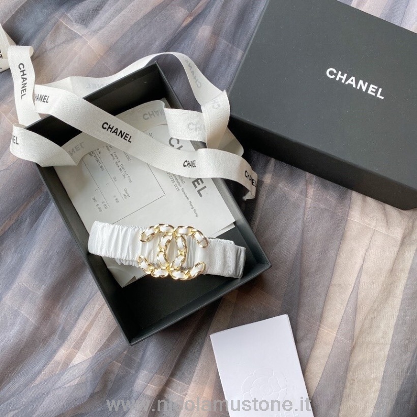 Qualità Originale Chanel Woven Cc Logo Cintura In Vita Hardware Oro Collezione Primavera/estate 2020 Bianco