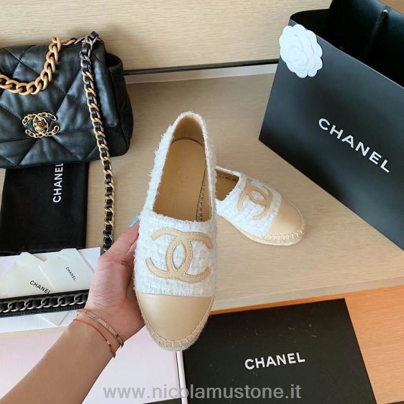Qualità Originale Espadrillas Chanel Tweed Pelle Agnello Collezione Primavera/estate 2020 Bianco/beige