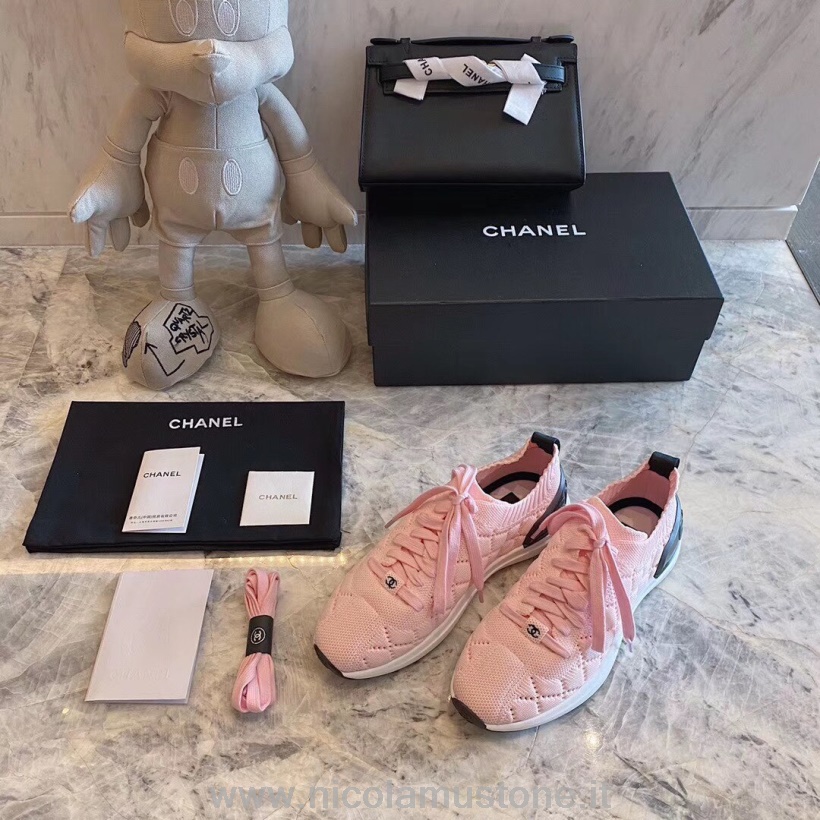 Original Quality Chanel Calzino Knit Trainer Sneakers Pelle Di Vitello Collezione Primavera/estate 2020 Act 1 Rosa Chiaro