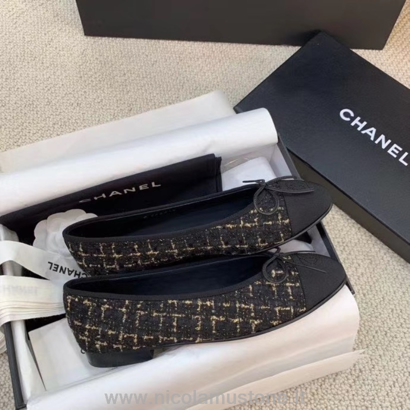 Qualità Originale Ballerine Chanel Tweed Pelle Di Vitello Gros-grain Pelle Collezione Primavera/estate 2020 Nero/oro