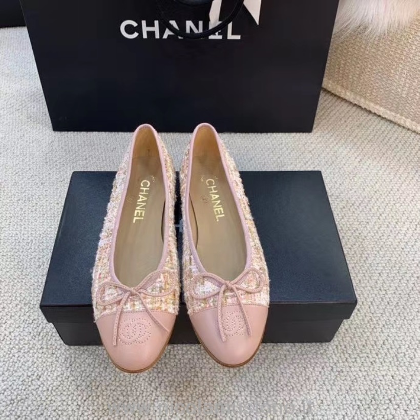 Qualità Originale Ballerine Chanel Tweed Pelle Di Vitello Grosgrain Pelle Collezione Primavera/estate 2020 Rosa Chiaro