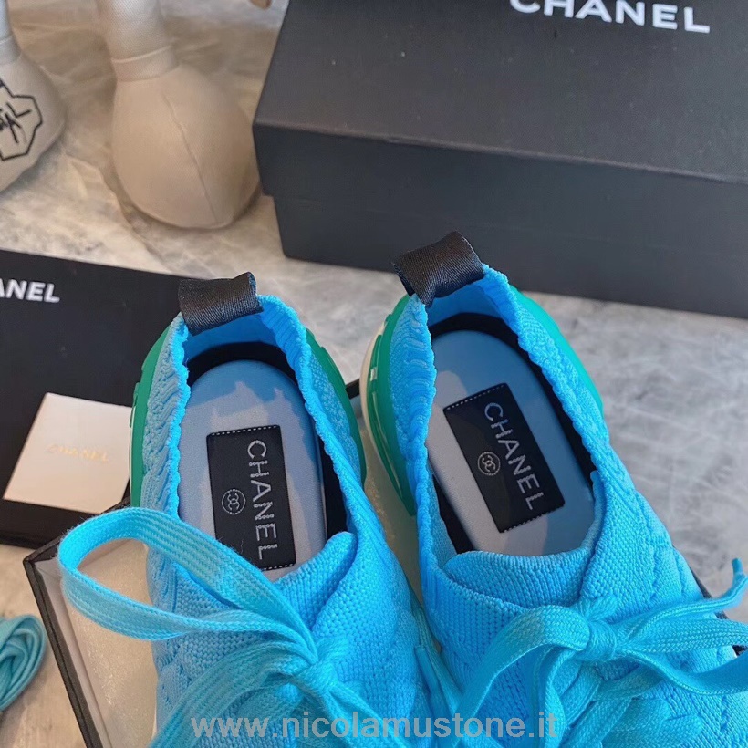 Qualità Originale Chanel Calzino Knit Trainer Sneakers Pelle Di Vitello Collezione Primavera/estate 2020 Act 1 Blu/verde