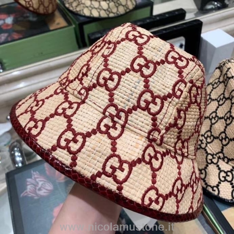 Qualità Originale Gucci Cappello In Paglia Di Rafia Fedora Con Rifiniture In Pelle Di Serpente Collezione Primavera/estate 2020 Bordeaux