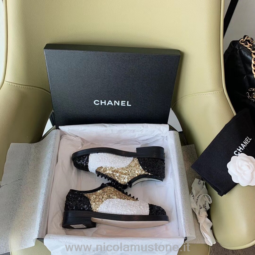 Qualità Originale Scarpe Stringate Chanel Paillettes/tweed Pelle Di Vitello Collezione Primavera/estate 2020 Bianco/nero/oro
