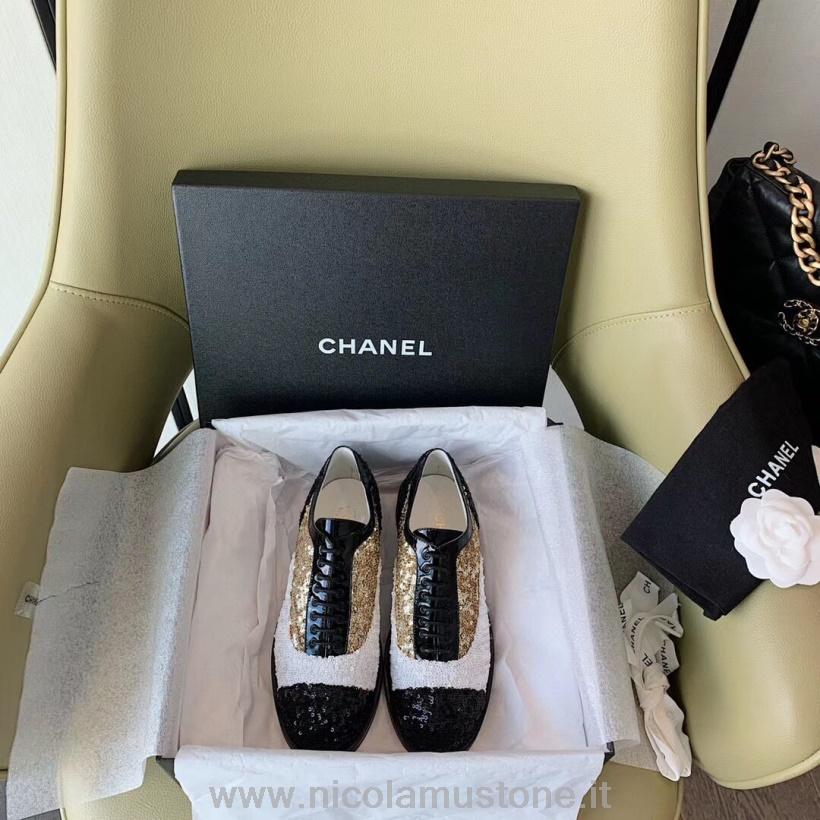 Qualità Originale Scarpe Stringate Chanel Paillettes/tweed Pelle Di Vitello Collezione Primavera/estate 2020 Bianco/nero/oro