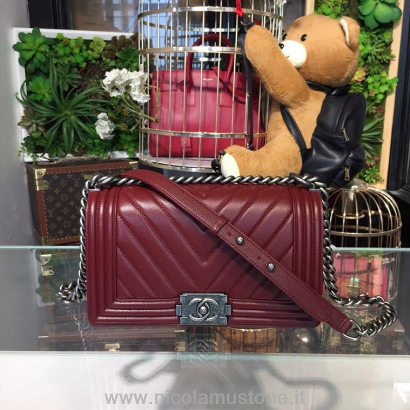 Qualità Originale Chanel Chevron Boy Bag 25cm Pelle Caviale Argento Antico Hardware Primavera/estate 2018 Act 1 Collezione Bordeaux