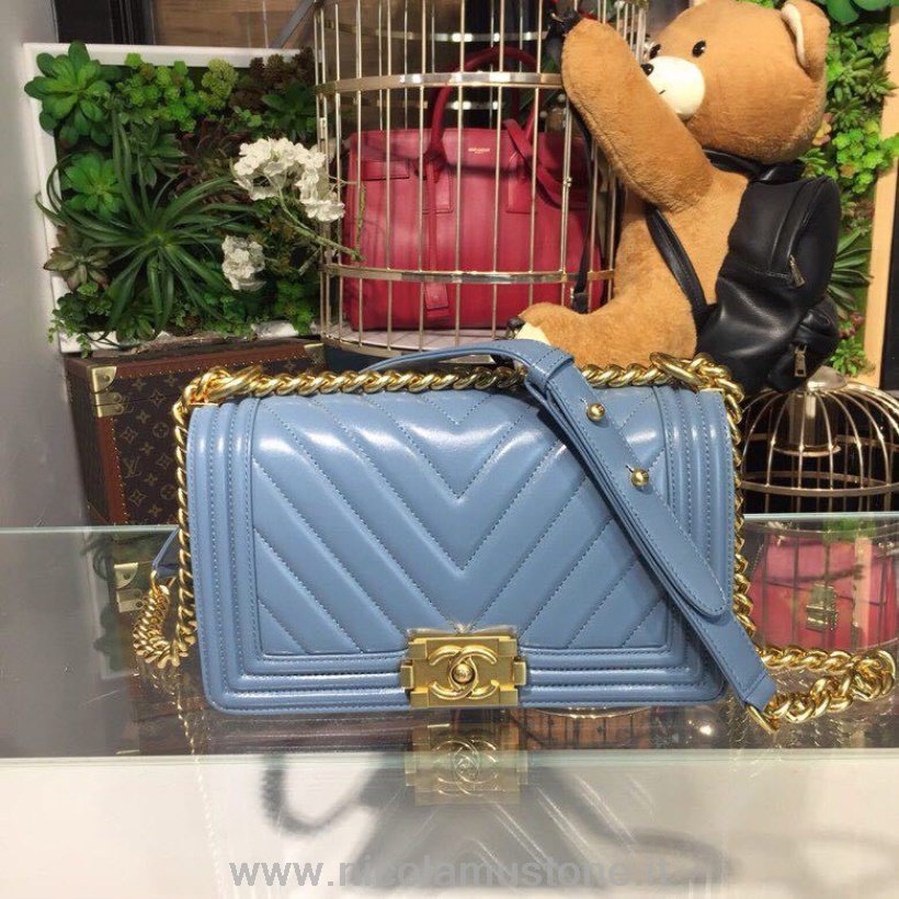 Qualità Originale Chanel Chevron Boy Bag 25cm Pelle Di Agnello Hardware Oro Antico Primavera/estate 2018 Collezione Act 1 Lino Blu