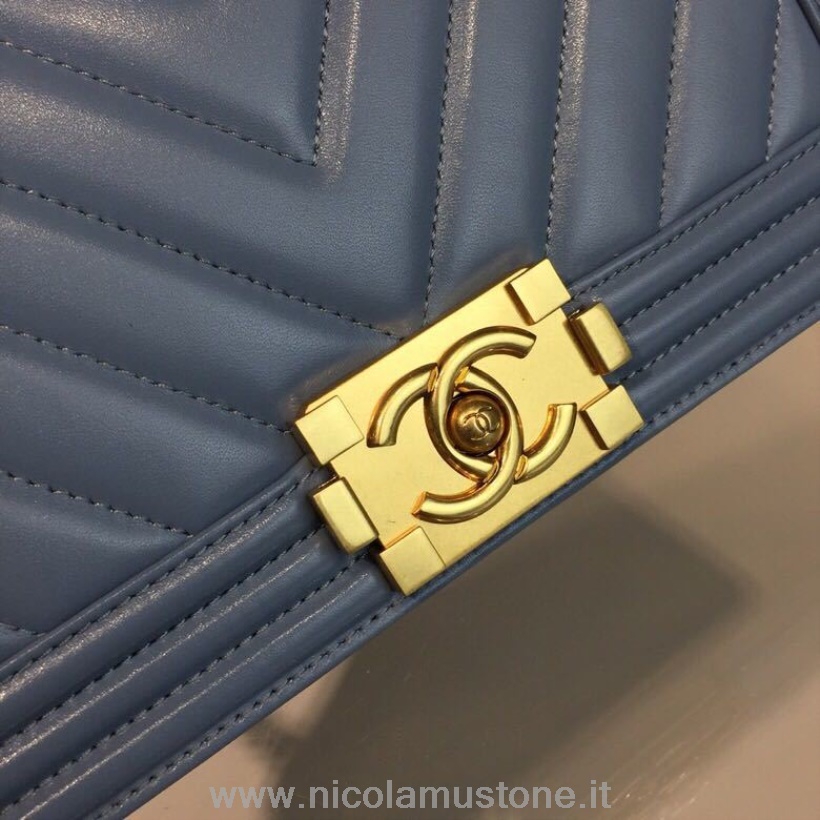 Qualità Originale Chanel Chevron Boy Bag 25cm Pelle Di Agnello Hardware Oro Antico Primavera/estate 2018 Collezione Act 1 Lino Blu