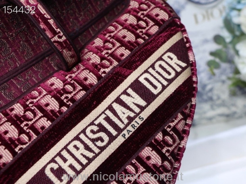 Qualità Originale Christian Dior Borsa Da Sella 25 Cm Obliquo Velluto Tela Ricamata Hardware Oro Tela Autunno/inverno 2020 Collezione Bordeaux
