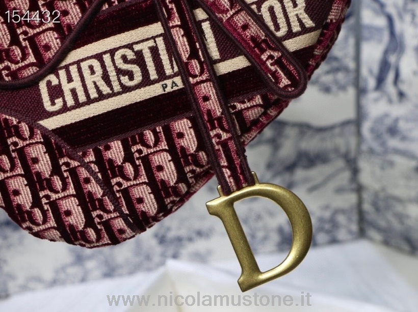Qualità Originale Christian Dior Borsa Da Sella 25 Cm Obliquo Velluto Tela Ricamata Hardware Oro Tela Autunno/inverno 2020 Collezione Bordeaux