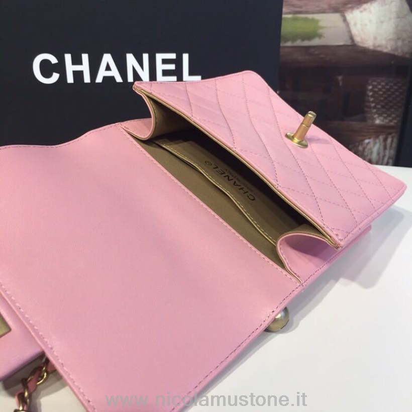 Qualità Originale Borsa Chanel Mini Patta Con Perle 16cm Pelle Di Agnello Hardware Oro Primavera/estate 2019 Collezione Act 2 Rosa