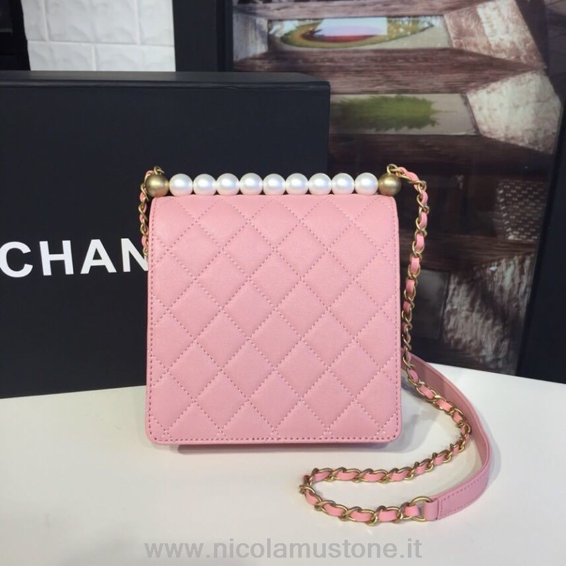 Qualità Originale Borsa Chanel Mini Patta Con Perle 16cm Pelle Di Agnello Hardware Oro Primavera/estate 2019 Collezione Act 2 Rosa