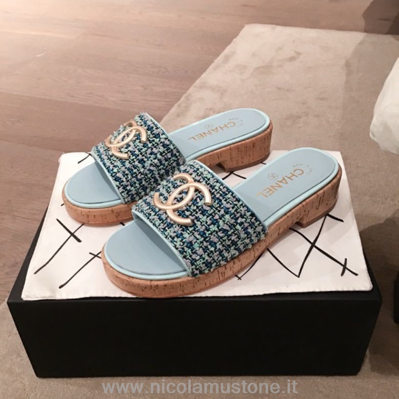 Qualità Originale Chanel Cc Sandali In Sughero Tweed/pelle Di Vitello Collezione Primavera/estate 2020 Azzurro