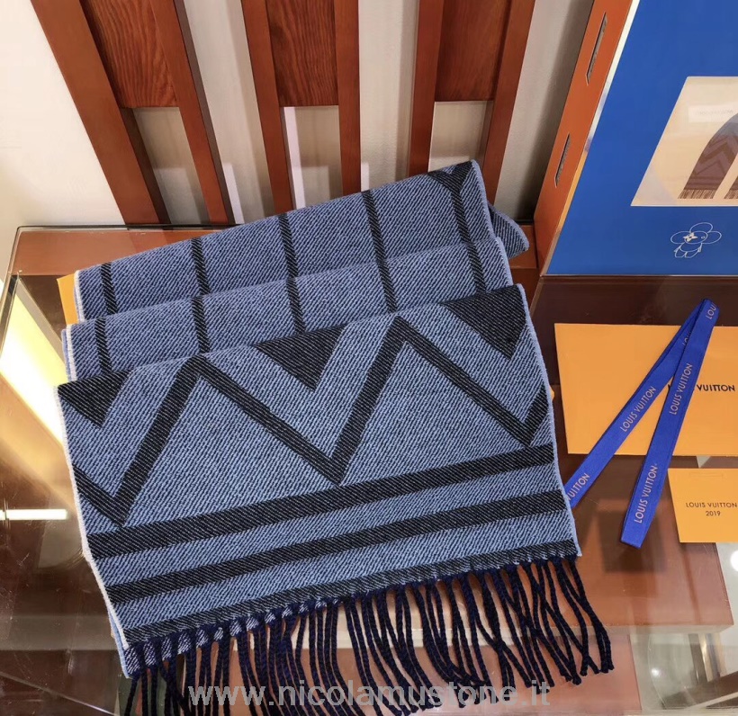 Qualità Originale Louis Vuitton Switch City Sciarpa Di Lana 190 Cm Collezione Autunno/inverno 2019 M70935 Blu Scuro/grigio/blu