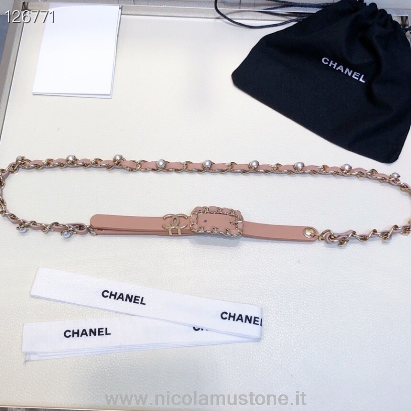 Qualità Originale Chanel Perla Catena Intrecciata 1 Mm Cintura Hardware Oro Pelle Di Vitello Collezione Autunno/inverno 2020 Rosa
