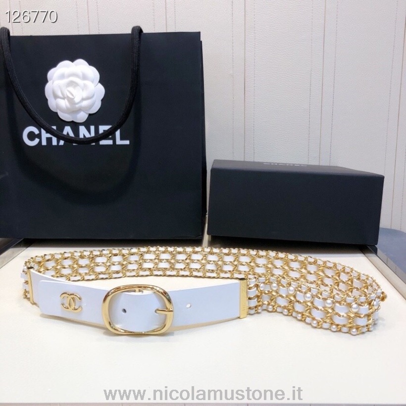 Qualità Originale Chanel Perla Catena Intrecciata 3mm Cintura Hardware Oro Pelle Di Vitello Collezione Autunno/inverno 2020 Bianco