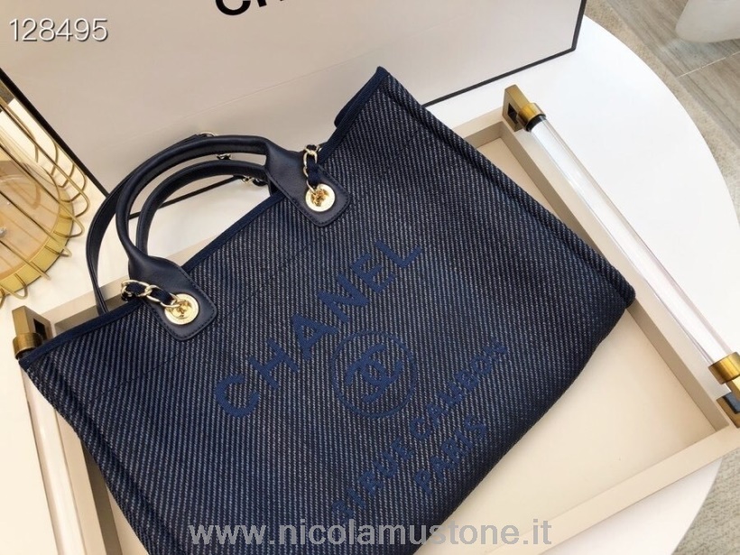 Qualità Originale Chanel Deauville Tote 40cm Borsa In Tela A066941 Collezione Autunno/inverno 2020 Blu Scuro