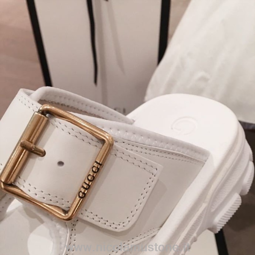Originální Kvalita Gucci Aguru Otevřené Sandály Se 2 Přezkami Teletina Kůže Kolekce Jaro/léto 2020 Bílá