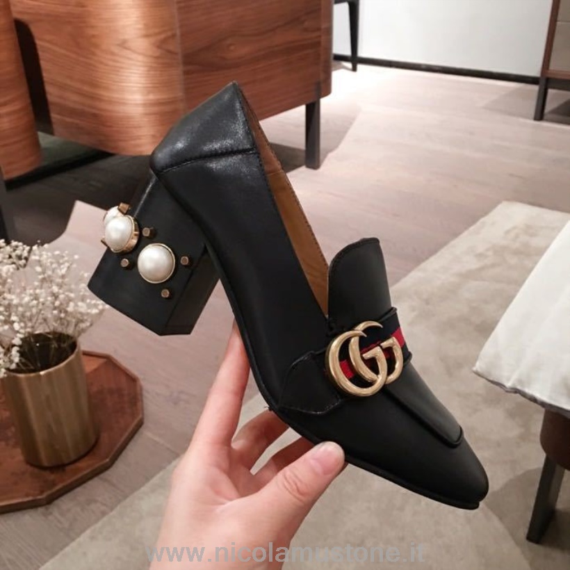 Originální Kvalita Gucci Perlami Zdobené Peytonové Podpatky Telecí Kůže Kolekce Jaro/léto 2020 černá