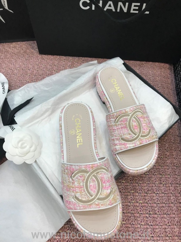 Originální Kvalita Chanel Tweed Cc Logo Mule Sandály Teletina Kůže Jaro/léto 2020 Akt 2 Kolekce Světle Růžová