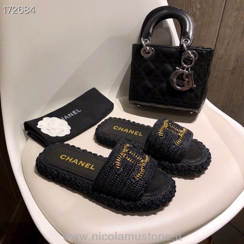 Originální Kvalita Chanel Tkané Cc Logo Sandály Ratan/jehněčí Kůže Kolekce Jaro/léto 2021 černá