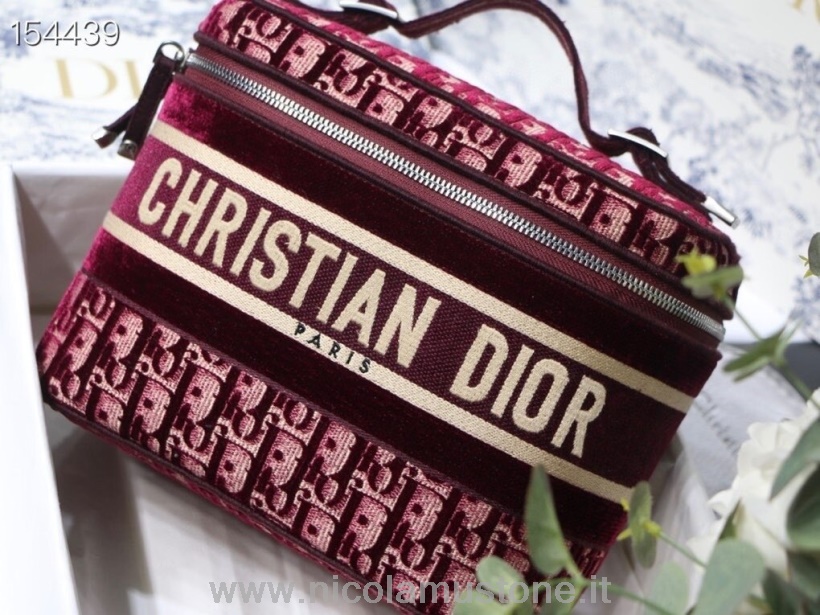 Originální Kvalitní Christian Dior Toaletní Taška 24cm Sametová šikmá Vyšívané Plátno Stříbrné Kování Kolekce Podzim/zima 2020 Vínová