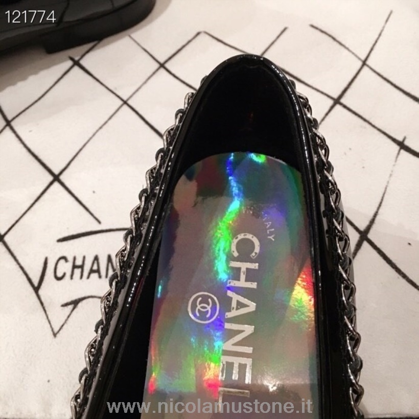 Originální Kvalitní Chanel řetízek Vyšívané Mokasíny Lakovaná Teletina Kůže Kolekce Podzim/zima 2020 černá