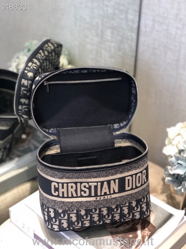 Originální Kvalitní Christian Dior Taška Na Toaletní Potřeby 24cm šikmé Vyšívané Plátno Stříbrné Hardware Kolekce Podzim/zima 2020 Modrá
