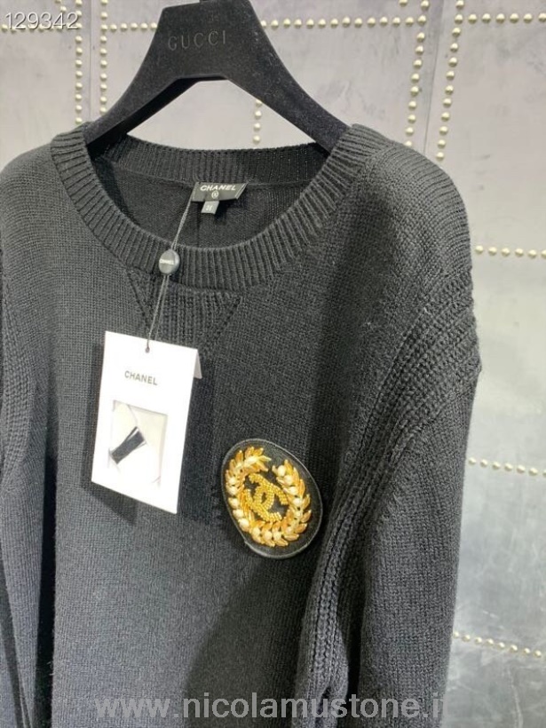 Originální Kvalita Chanel Cc Logo Korálková Výšivka Pletený Svetr Kolekce Podzim/zima 2020 černá