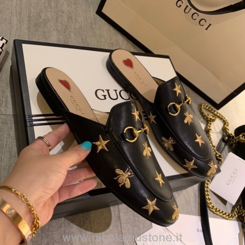 Originální Kvalita Gucci Bee Star Princetown Mules Teletina Kůže Jaro/léto 2020 Kolekce černá