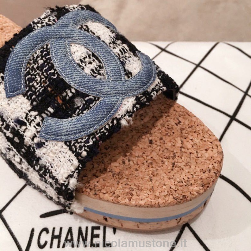 Originální Kvalitní Korkové Sandály Chanel Tvíd/telecí Kůže Kolekce Jaro/léto 2020 Modrá