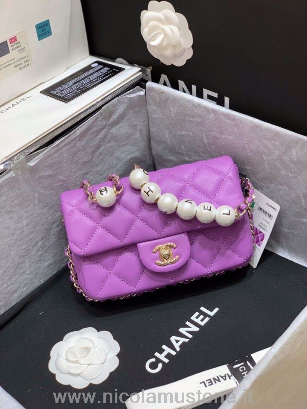 Originální Kvalitní Chanel Klapka Perleťová Zdobená Kabelka 18cm Zlaté Kování Jehněčí Kůže Kolekce Jaro/léto 2020 Fialová