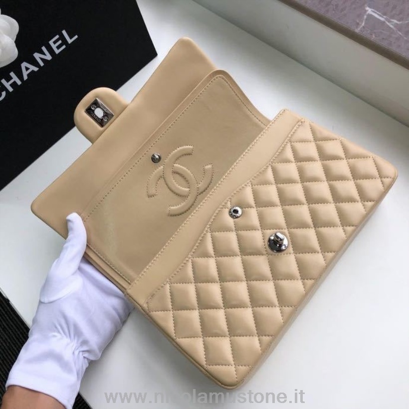 Originální Kvalitní Chanel Klasická Taška S Klopou 25cm Stříbrný Hardware Jehněčí Kůže Kolekce Jaro/léto 2020 Béžová