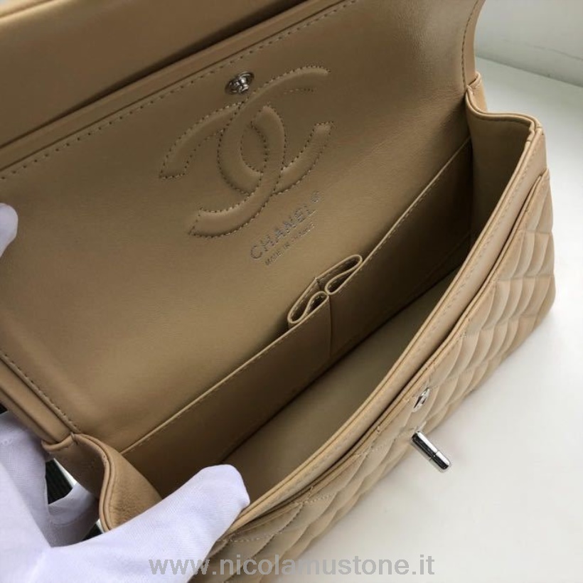 Originální Kvalitní Chanel Klasická Taška S Klopou 25cm Stříbrný Hardware Jehněčí Kůže Kolekce Jaro/léto 2020 Béžová