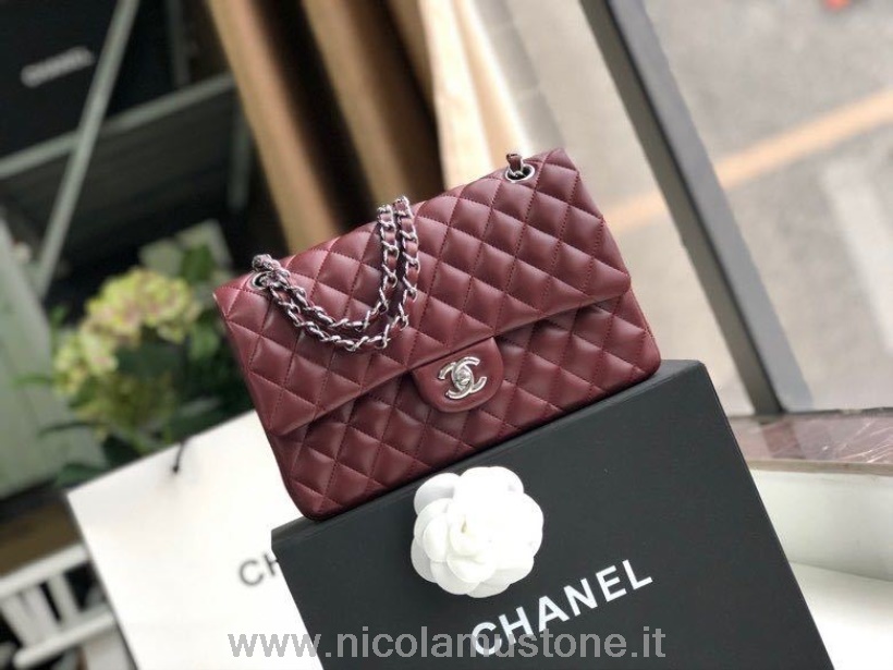 Originální Kvalitní Chanel Klasická Taška S Klopou 25cm Stříbrný Hardware Jehněčí Kůže Kolekce Jaro/léto 2020 Vínová